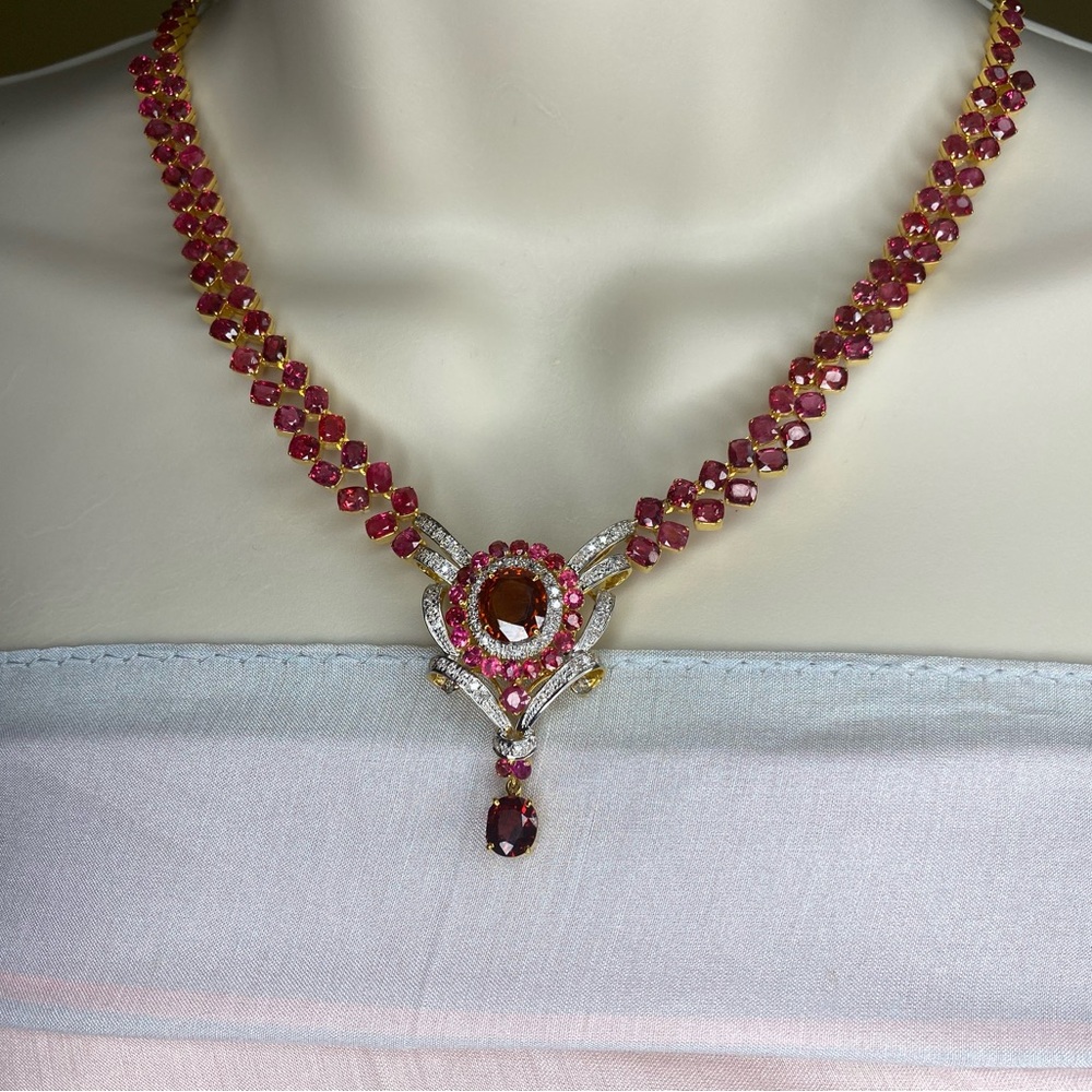 Designer New Red Spinel ,Garnet and Diamond Necklace in 18k solid gold